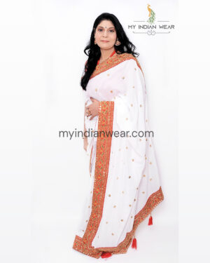 White and Red Georgette Saree