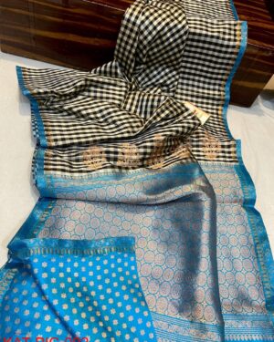 Chex Pattern Black and Blue Handwoven Banarasi pure katan silk saree