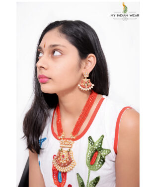 Red Beads Ethnic Look Necklace with Ear ring