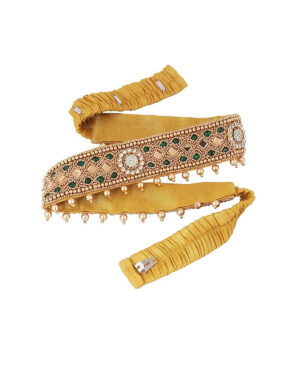 Traditional embroidery Saree Waist Belt studded with green and white stones.